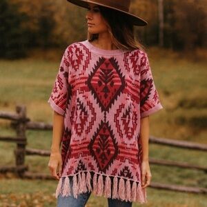 Savannah Jane Boho Fringe Knit Poncho in Red and Pink